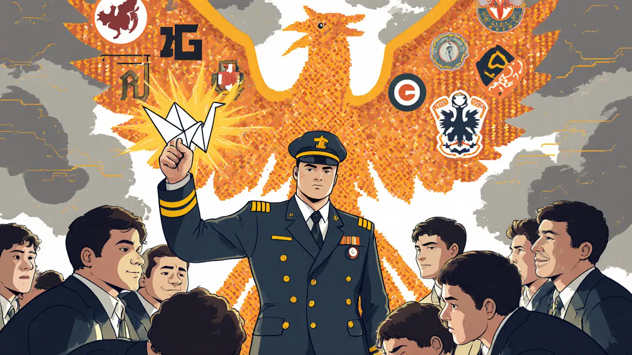 Капитан вдохновляет упавшую команду, за ним — птица из логотипов, символизирующая возрождение.