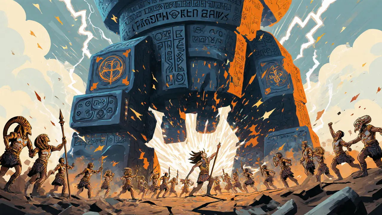 Огромная осадная машина Siege Juggernaut разрушает башни, боги сражаются вокруг в мифическом поле боя.