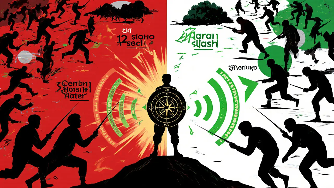 Разделённая сцена: хаос против синхронного удара — лидер в центре с командами в виде звуковых волн.