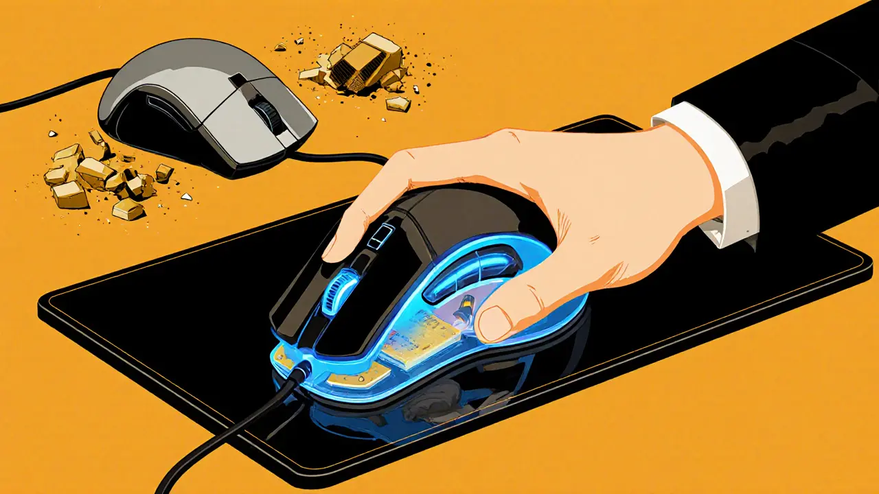 Рука с игровой мышью на коврике, внутри — виден оптический сенсор и тефлоновые ножки, старая офисная мышь тает в тени.