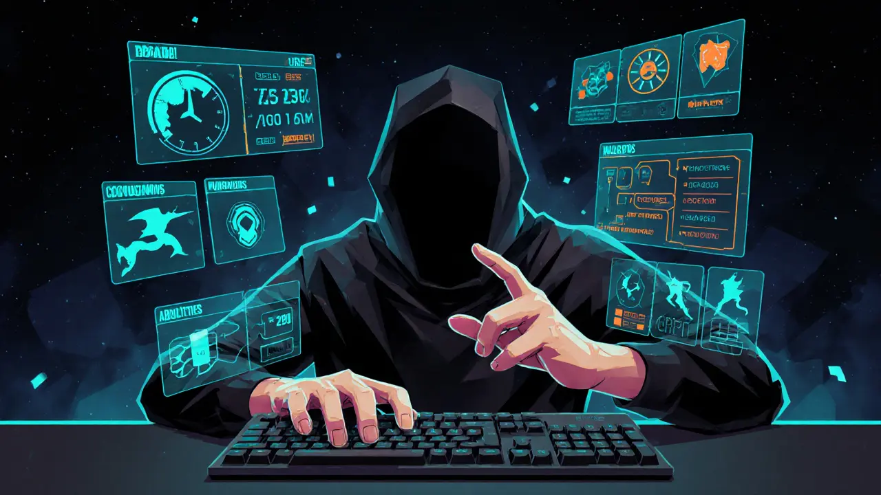 Руки игрока с клавиатурой, вокруг — плавающие данные о кулдаунах, вардах и таймингах.