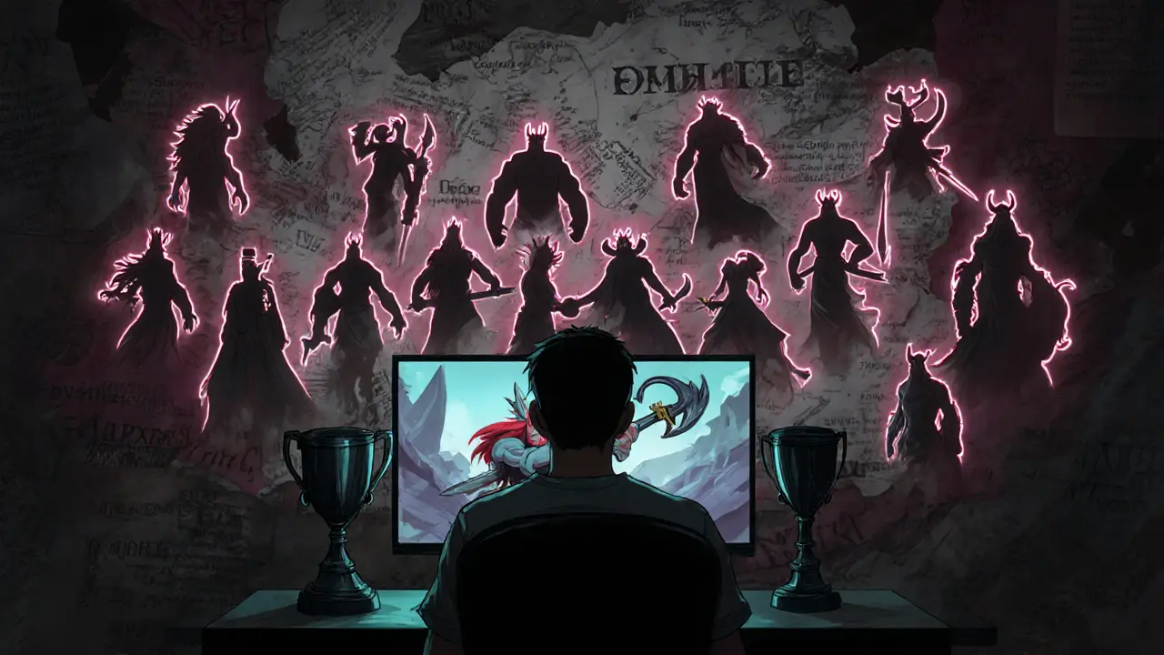 Русский игрок в темной комнате смотрит на Одина, вокруг него — силуэты богов мифологий со всего мира.