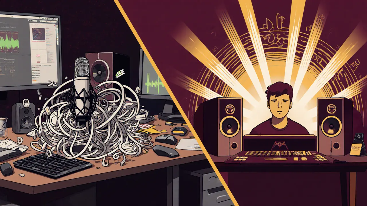 Сравнение бюджетного и профессионального микрофонов: хаос против чистого звука в стиле польского плаката.