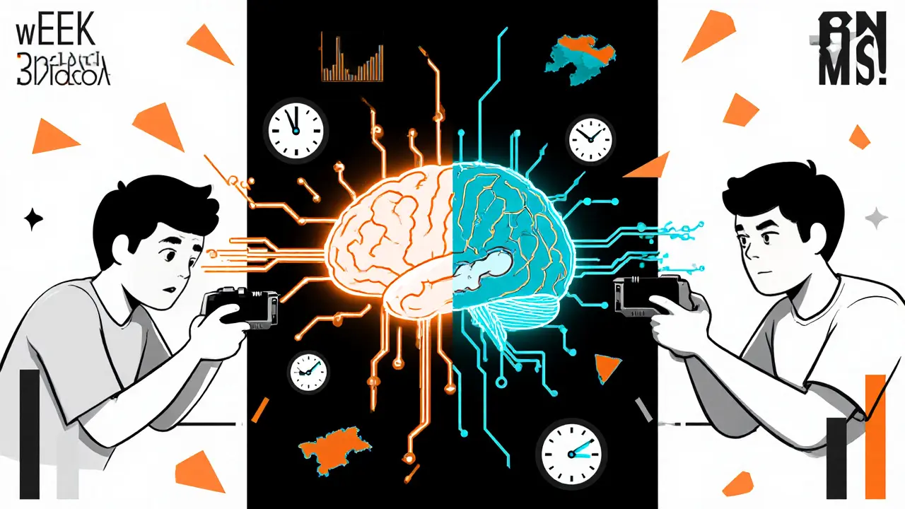 Сравнение новичка и профессионала в тренировке реакции: от больших мишеней к крошечным, с подсветкой нейронных путей мозга.