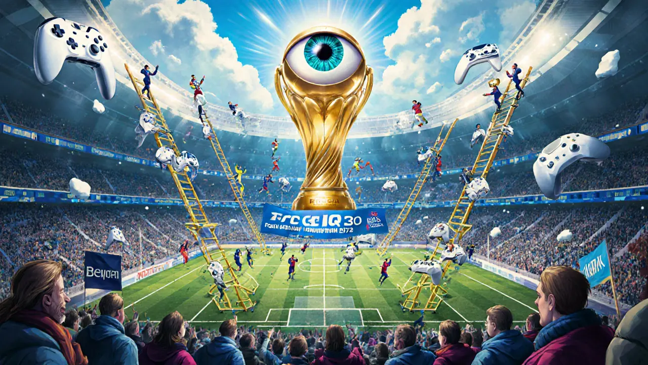 Стадион из контроллеров и кода, игроки поднимаются к трофею, а ИИ анализирует тактики над облаками.