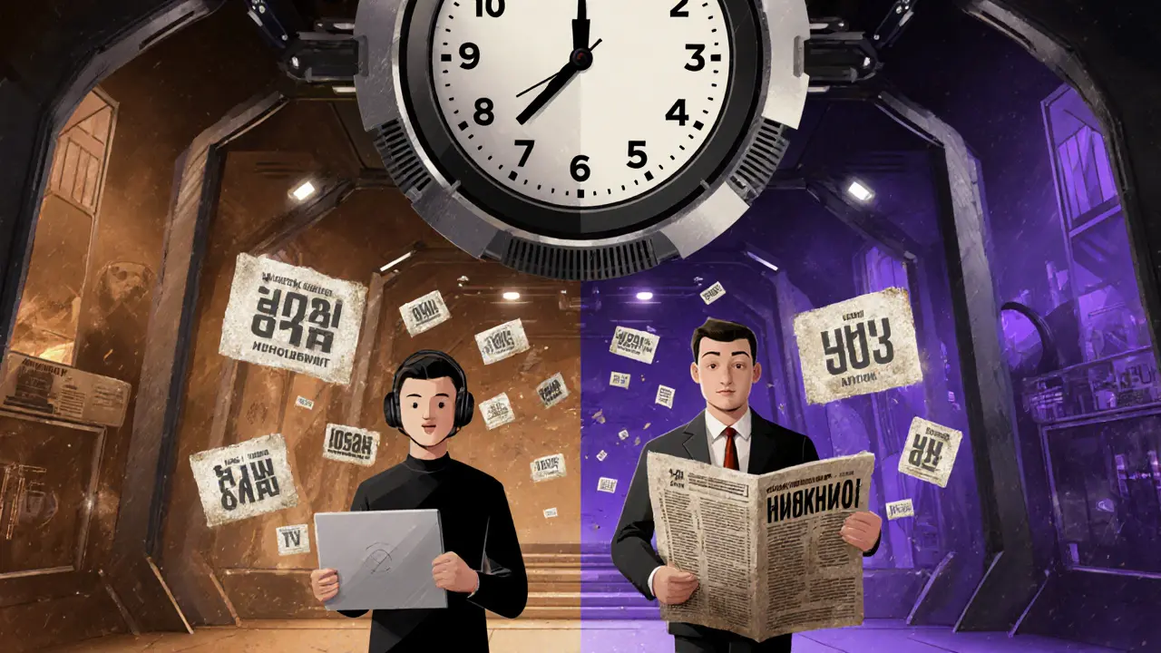 Телеведущий и стример стоят рядом, один с устаревшей газетой, другой с данными в воздухе, часы разделяют два мира — телевидение и киберспорт.