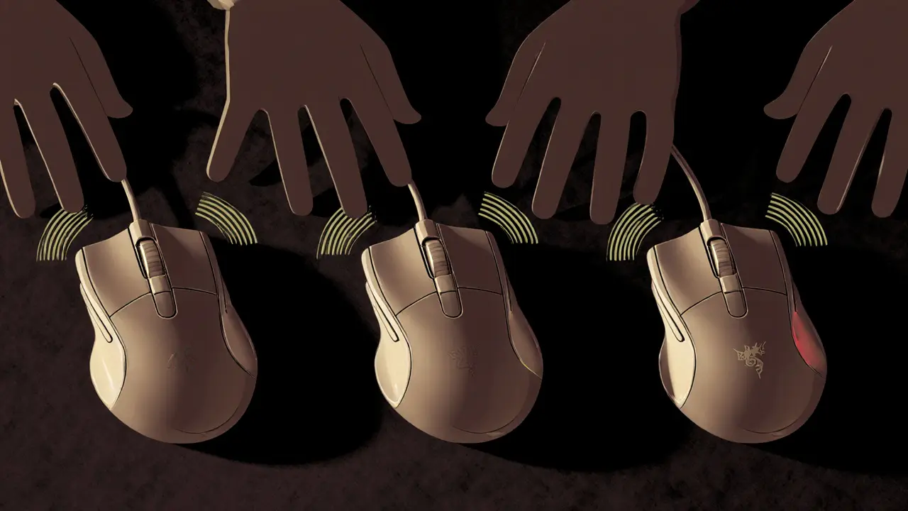 Три игровые мыши, каждая под свой тип хвата: ладонный, когтевой и кончиковый, изображены как королевские скипетры на бархате.
