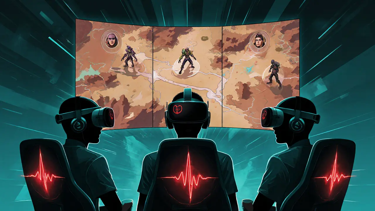 Три киберспортсмена с датчиками пульса, внутри их тел — бьющиеся сердца, позади — голографическая карта Dota 2.
