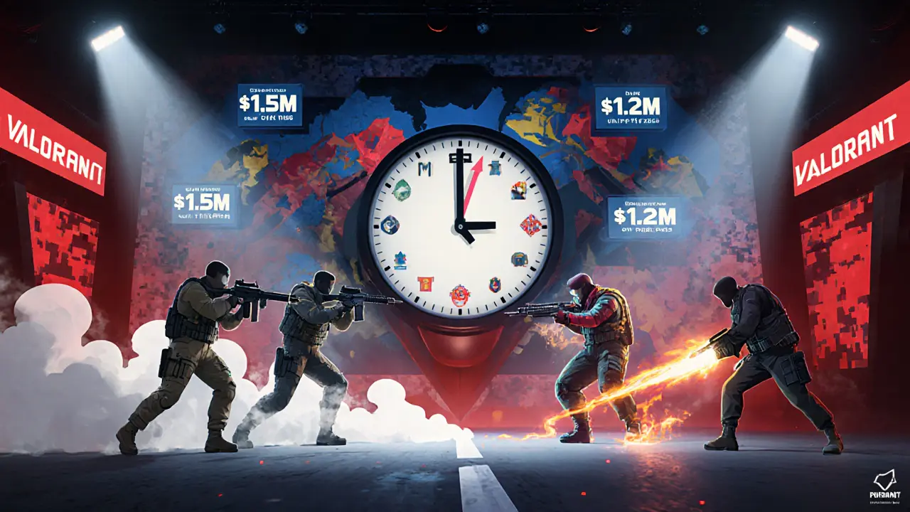 Турнирная арена: две команды в стиле полских плакатов, часы 2025 и призовые фонды в виде символов