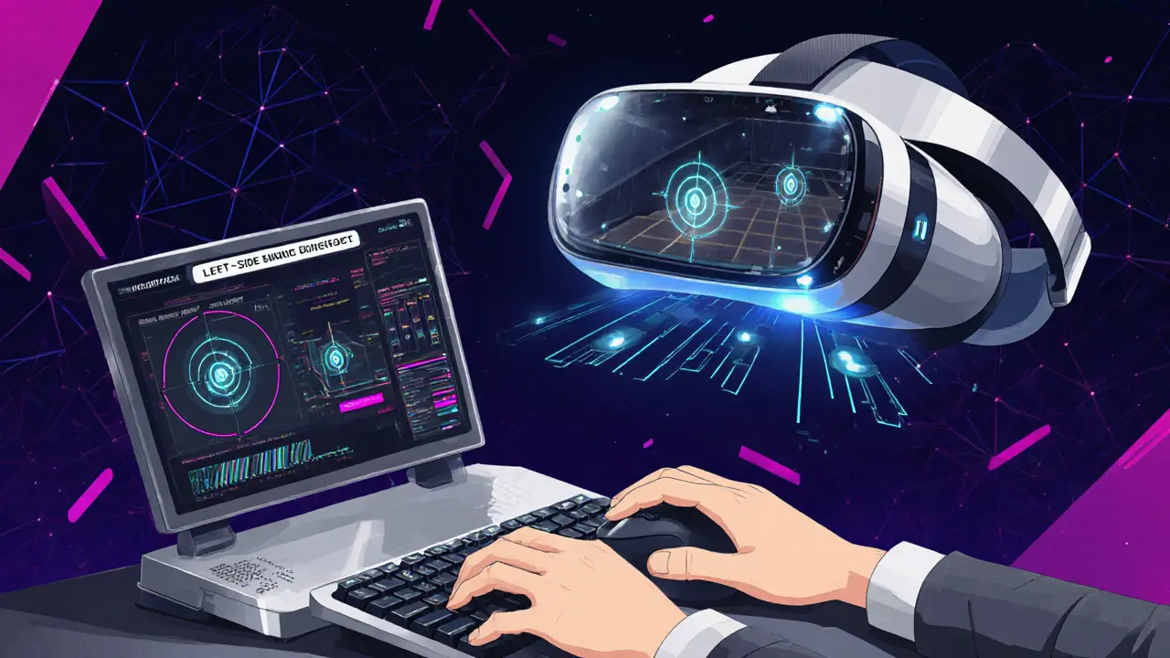 ВР-тренажер с голографическими мишенями и ИИ-анализатором, анализирующим ошибки реакции игрока в киберспорте.
