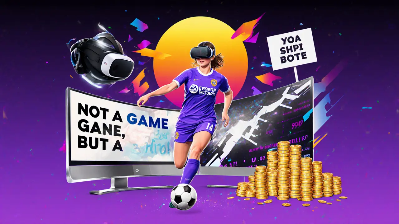 Женщина-киберфутболистка в движении, вокруг — элементы турнира, карты и протесты, фон в стиле полимерной графики.