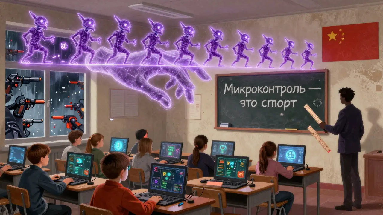 Дети в российской школе тренируют микроконтроль, над ними — гигантская рука, управляющая 20 зерглинами.