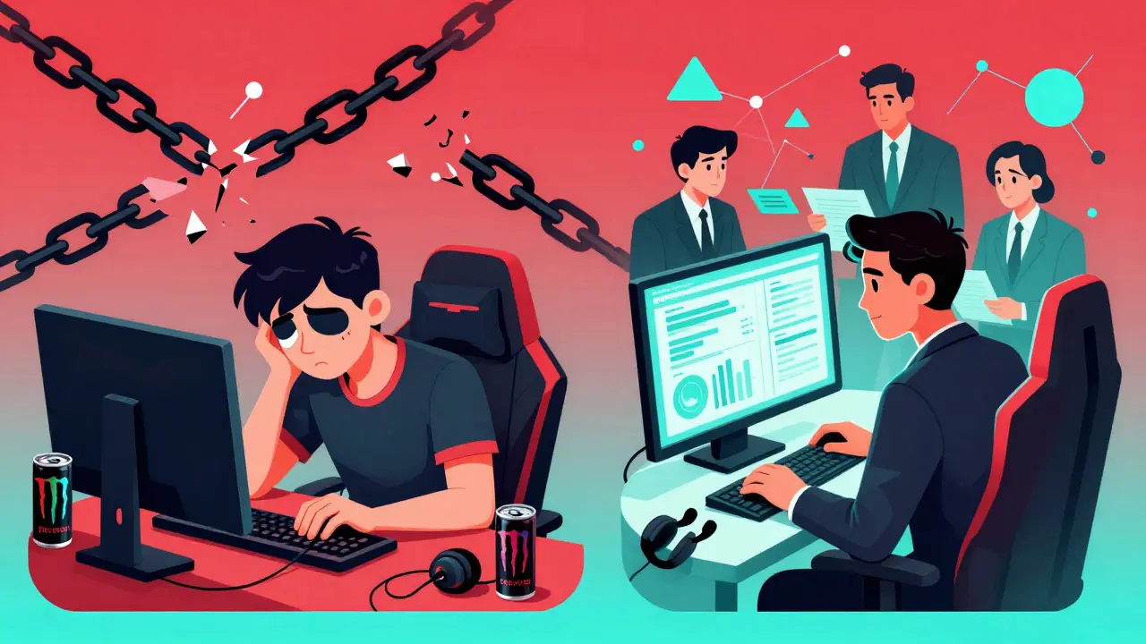 Два изображения одного человека: уставший геймер и тот же человек через восемь лет как аналитик киберспорта.