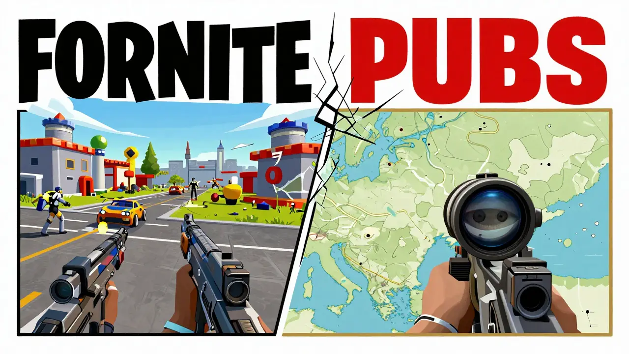 Два мира: хаотичный Fortnite слева и тихий PUBG в FPP справа, разделённые треснувшей границей, в стиле советского плаката.