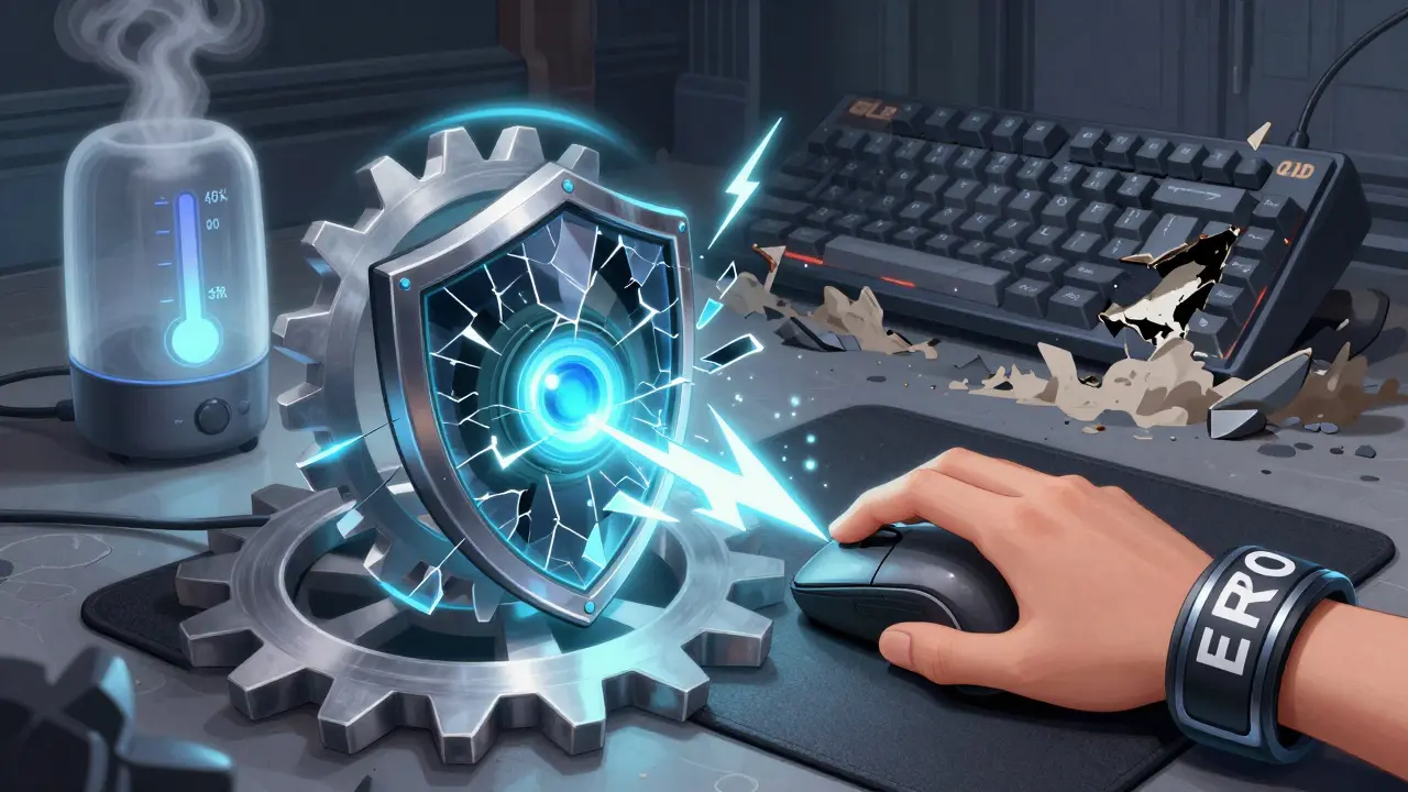 Электростатический браслет и коврик отражают молнии статики, защищая чувствительный сенсор мыши в стиле сюрреалистического плаката.