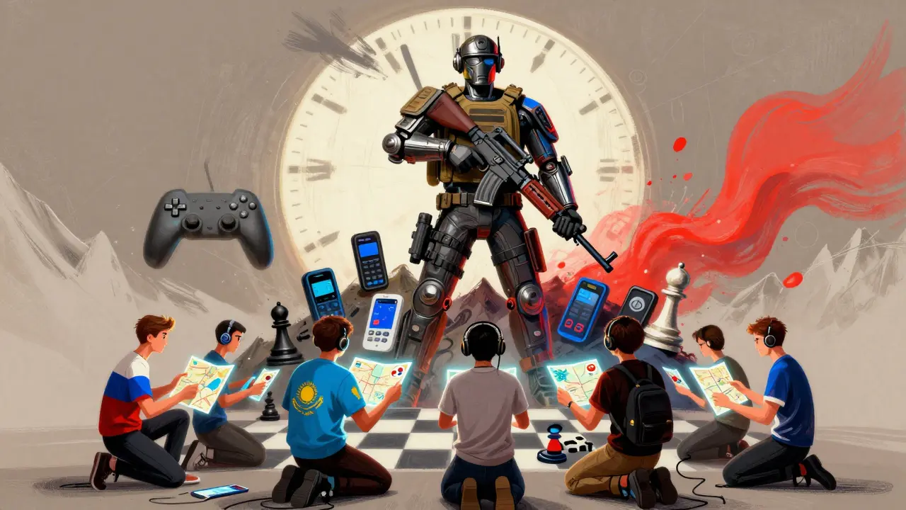 Герой из оружия и шахматных фигур на горе, вокруг — игроки Азии и СНГ, фон — обратный отсчёт времени, в стиле польской иллюстрации.