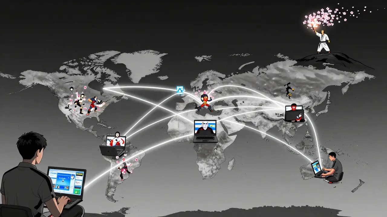 Глобальная карта с соединениями к Токио, где российские игроки изучают бои под светом цветущей сакуры.