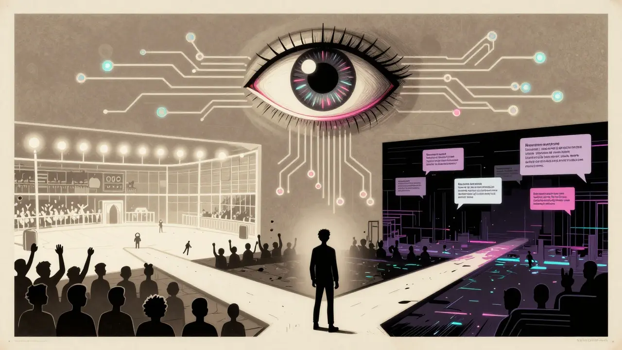 Игрок на распутье: честная игра против бана, над ним — гигантский глаз из схем, в стиле польского плаката.