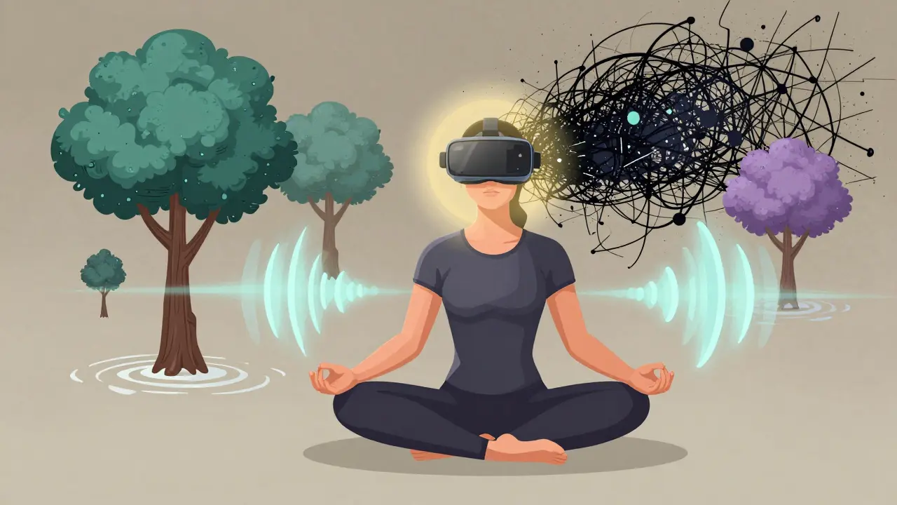 Киберспортсмен в медитации, вокруг — виртуальная природа, а цифровой шум рассеивается.