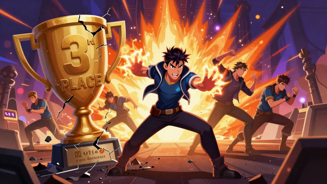 Команда Evil Geniuses в Dota 2 во время боя, Артизи в центре с магическим светом.