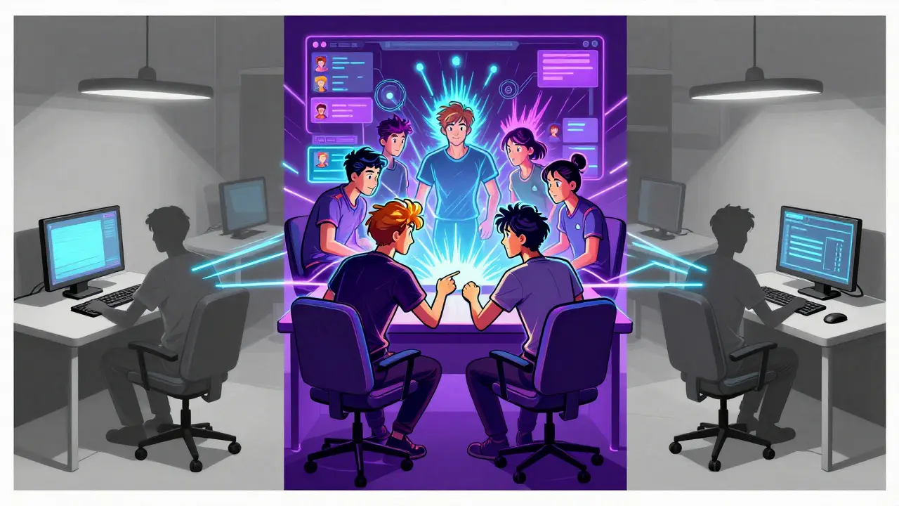 Команда киберспортсменов в виртуальном пространстве, их реальные тела — пустые силуэты в отдельных комнатах.