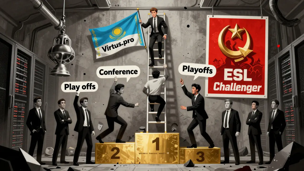Лестница от Challenger к финалу: команда из Казахстана поднимается, а франшизы рушатся вниз — польский плакатный стиль с красным и хромом.