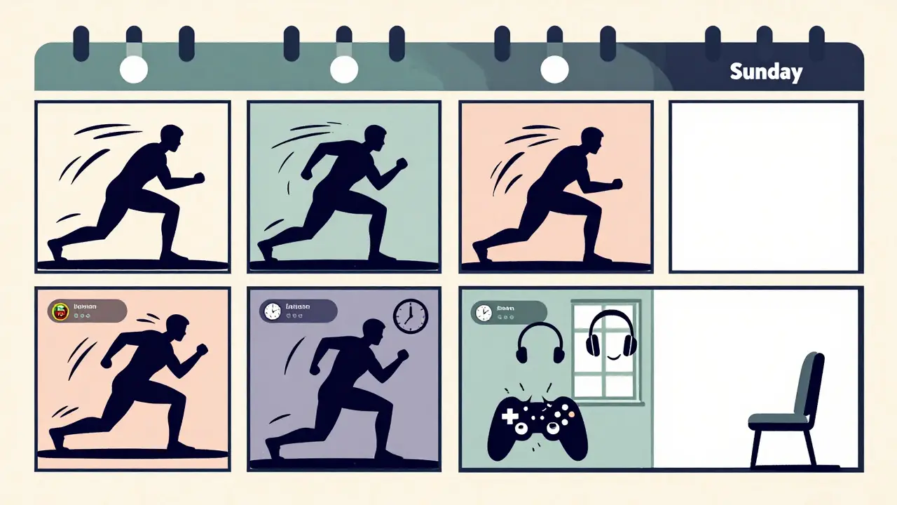 Недельный график киберспортсмена: тренировки, стримы и отдых, изображённые как стилизованные панели в польском плакатном стиле.