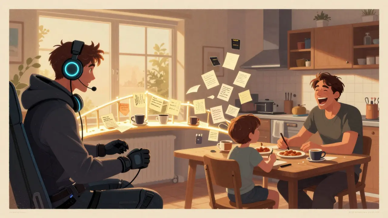 Один человек — в двух мирах: за экраном и за кухонным столом, соединённые мостом из записок и кофе.