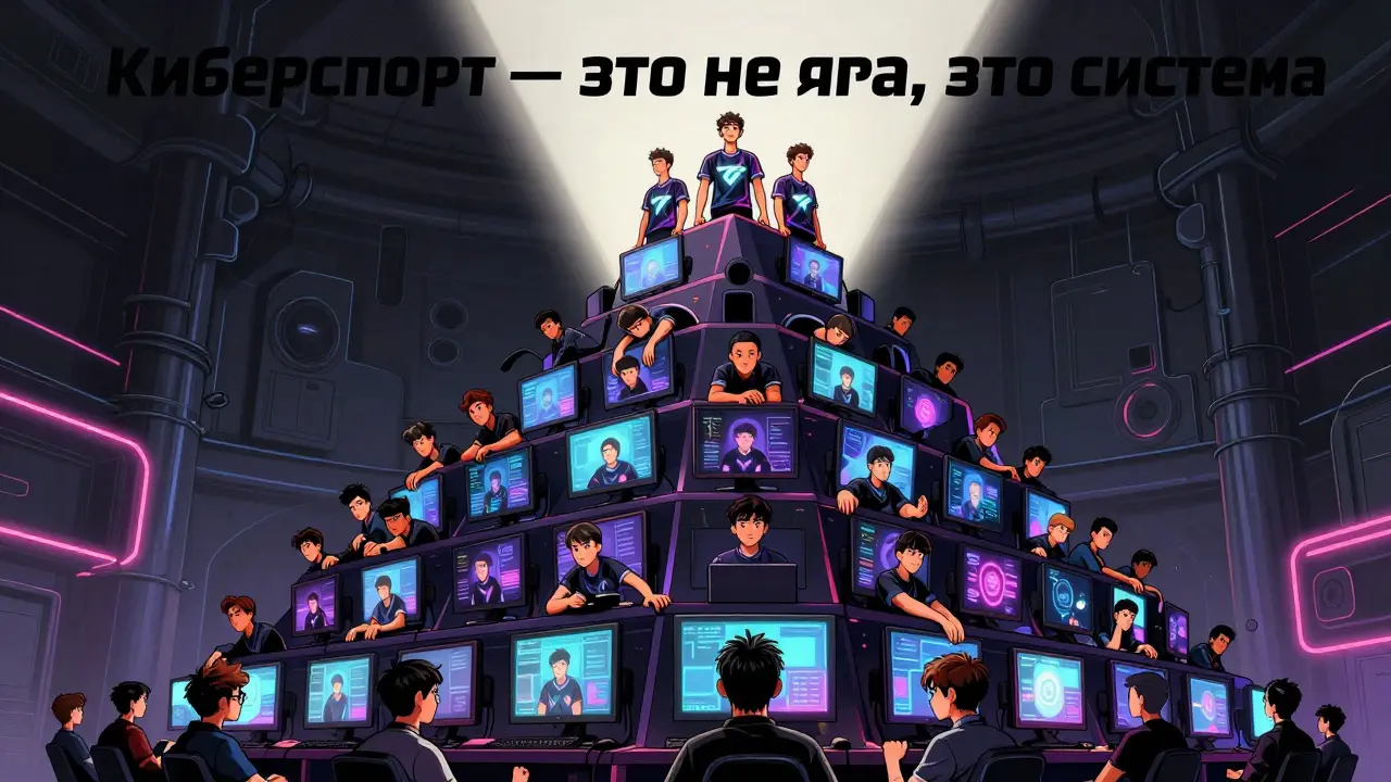 Пирамида из мониторов, где лишь немногие игроки наверху, а сотни других становятся менеджерами и аналитиками ниже.