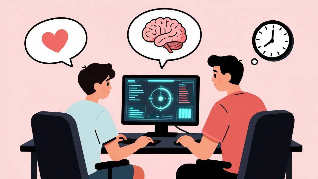 Подросток и тренер смотрят на экран с графиком прогресса, между ними — символы мотивации, стратегии и времени.