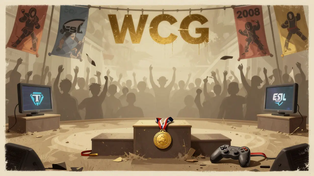 Пустая сцена WCG 2013, пыльная медаль и призраки зрителей в стиле польской плакатной школы