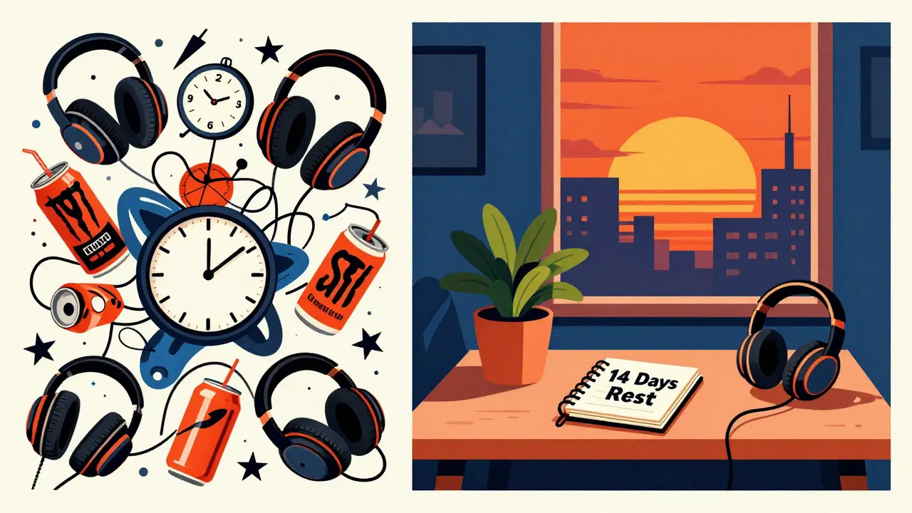 Разделенная сцена: хаос игр слева, спокойствие и восстановление справа.