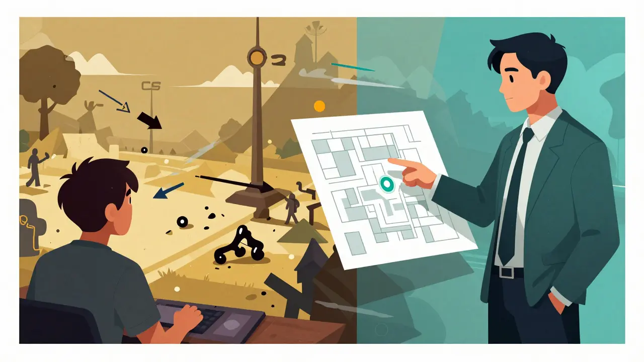 Разделенная сцена: хаотичная игра в CS2 слева, спокойный тренер с планом карты справа — контраст беспорядка и стратегии.