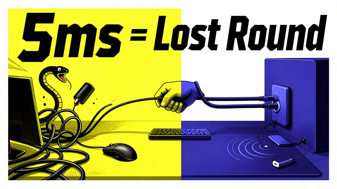 Разделенная сцена: хаотичные провода слева и идеально упорядоченные — справа, с яркими линиями кабель-менеджмента.