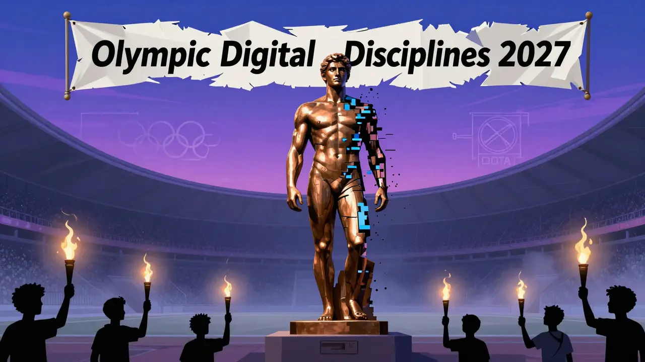 Разрушающаяся олимпийская статуя из бронзы и пикселей, зрители с контроллерами в пустом стадионе.