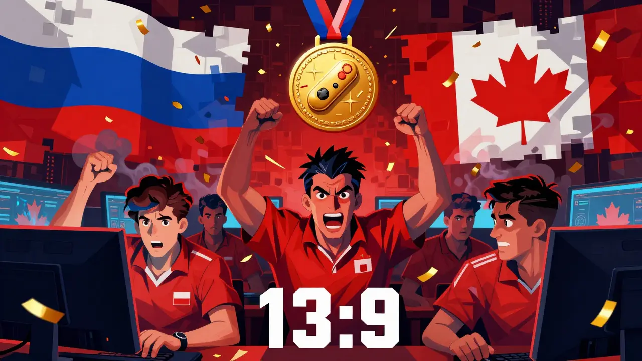 Российская команда M19 празднует победу в Counter-Strike на WCG 2004, флаги и джойстик-медаль в стиле польского плаката