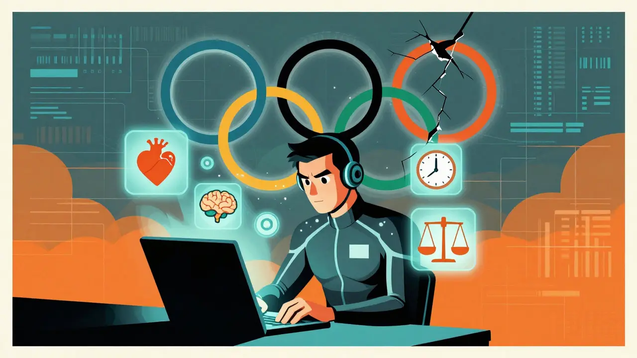 Российский киберспортсмен в тренировочном зале, окруженный символами концентрации и олимпийского кольца.