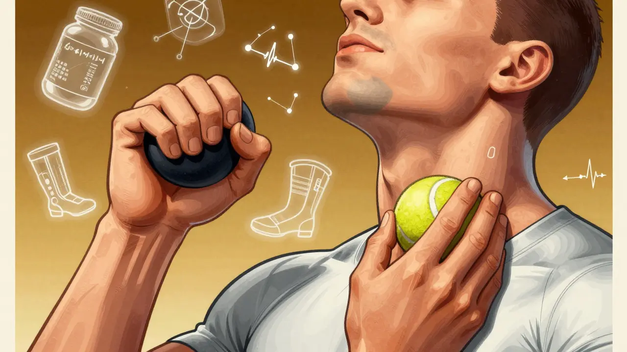 Руки и шея киберспортсмена в процессе восстановления, вокруг — символы белка, пульса и компрессии.