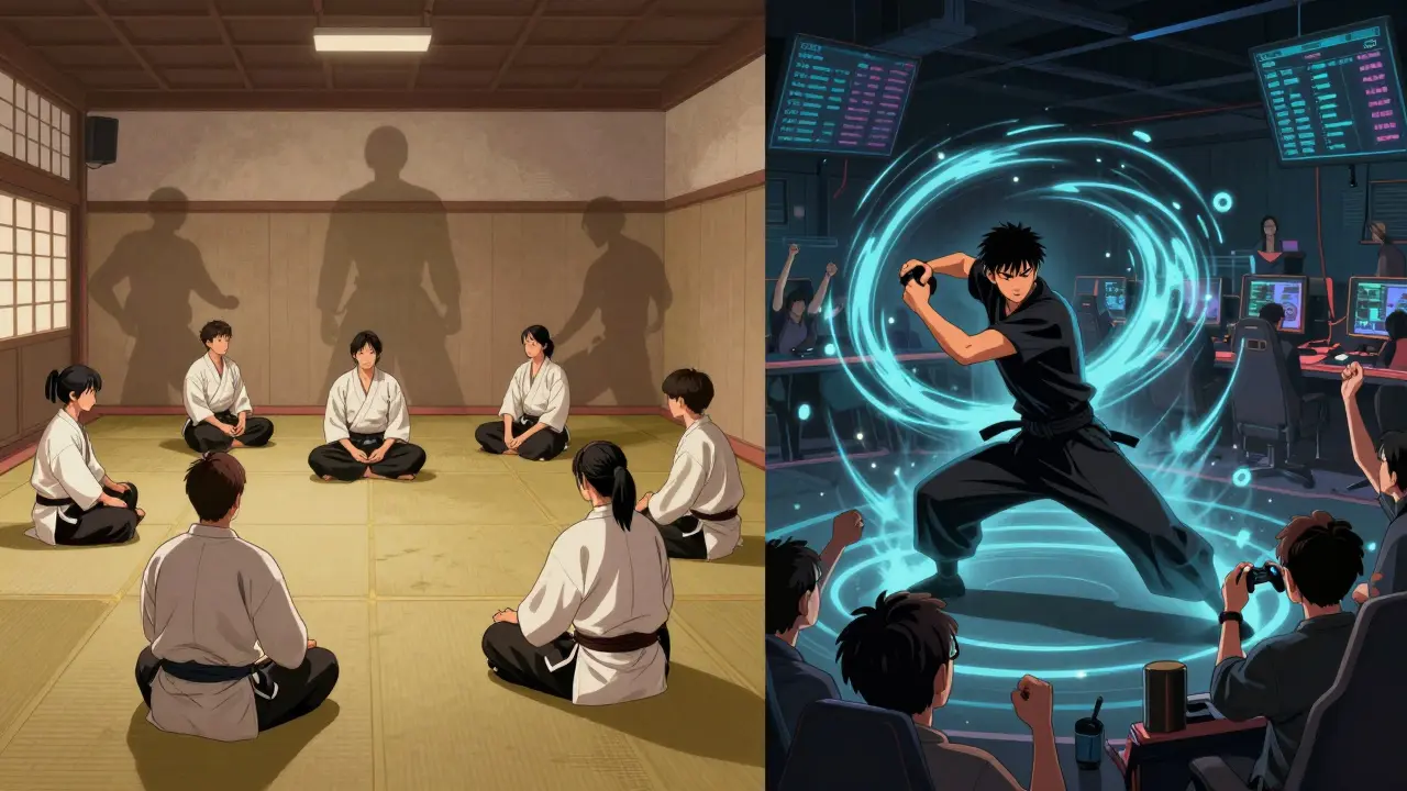 Сравнение тихой японской додзё и шумного западного киберспортивного турнира в стиле расколотого изображения.