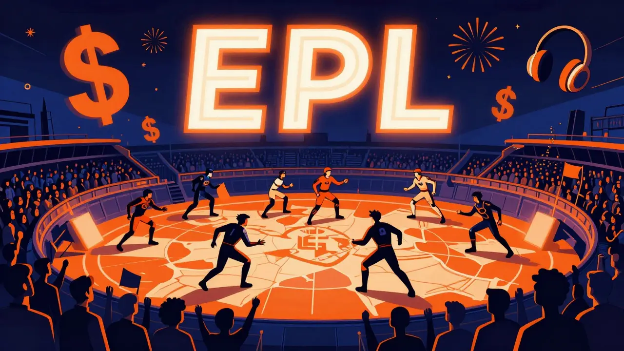 Стиль польского плаката: арена в Лондоне с толпой фанатов, команды в полёте над картами, светящийся логотип EPL и фейерверки из долларов.