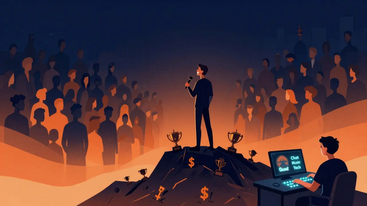 Стример на вершине успеха, окруженный аудиторией, с ассистентом за панелью управления — символ аутентичности в киберспорте.