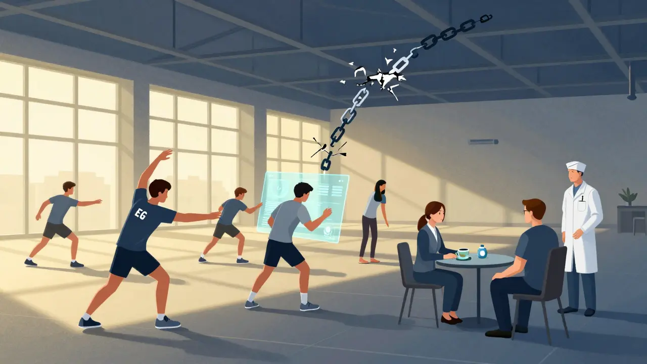 Тренировочный центр Evil Geniuses утром: игроки, тренер и медик в минималистичном пространстве.