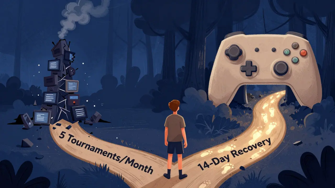 Юный игрок на распутье: путь выгорания против пути восстановления в стиле леса и гор.