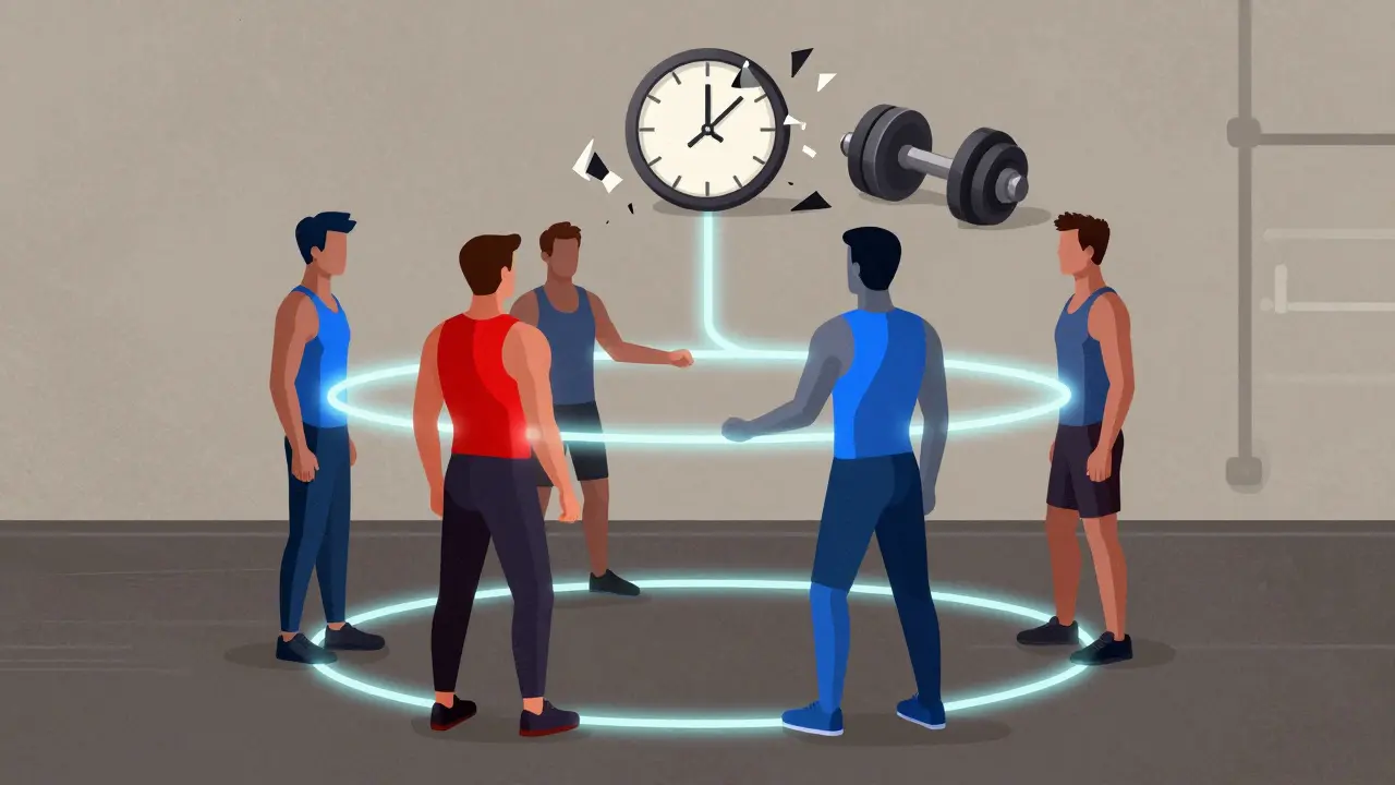 Четыре абстрактные фигуры соединены светящимися нитями, каждая — за один параметр синергии, в фоне — разбитые часы и гантели.