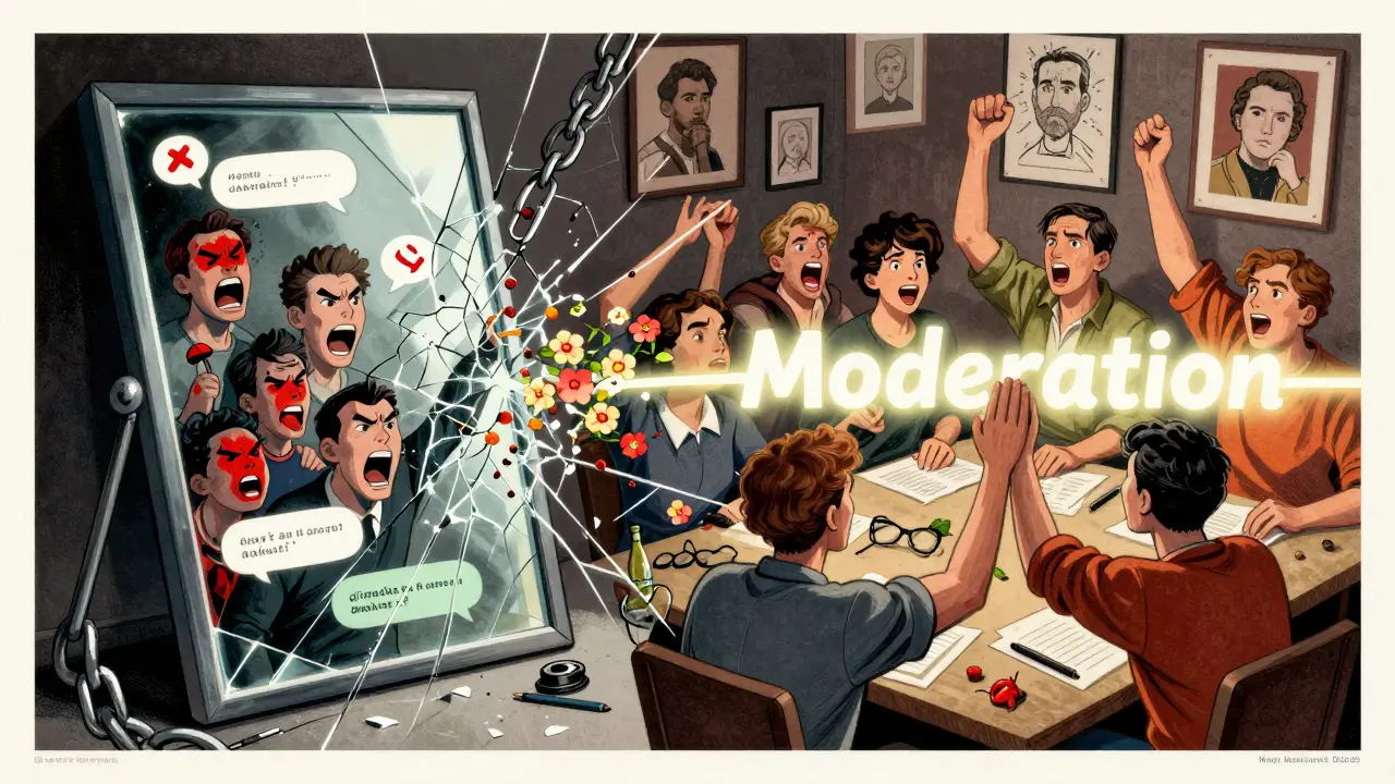 Два мира: токсичный чат и живое сообщество, разделённые линией модерации, в стиле символического плаката.