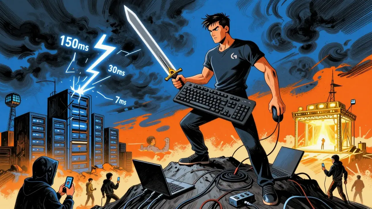 Эспорт-герой держит мышь как меч, смотрит на пинг-шторм, за ним — золотой LAN-арена.