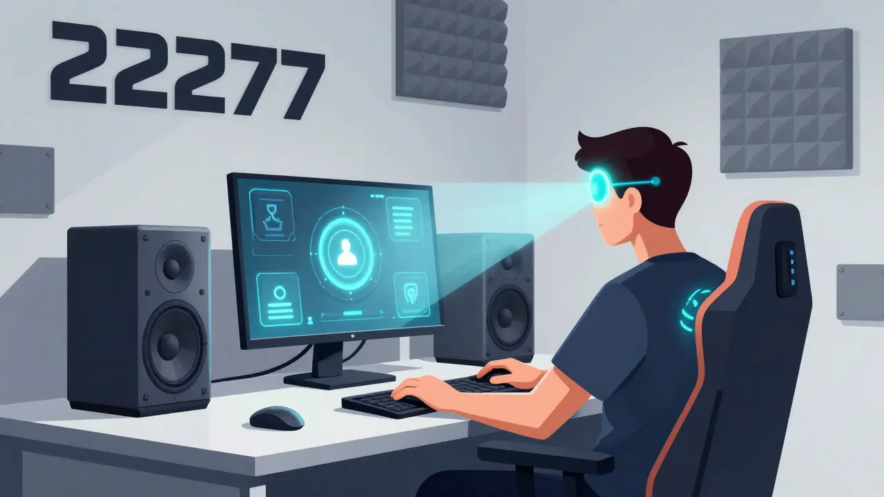 Футуристический сетап 2027 года: умный монитор, 3D-аудио и кресло с датчиками в стиле плаката.