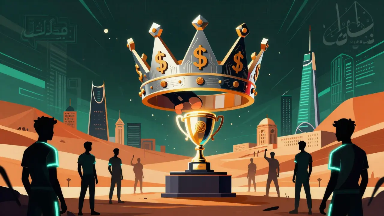Гигантская корона из долларов и схем, опускаемая над Эр-Риядом на трофей киберспорта, символизирующая государственное финансирование.