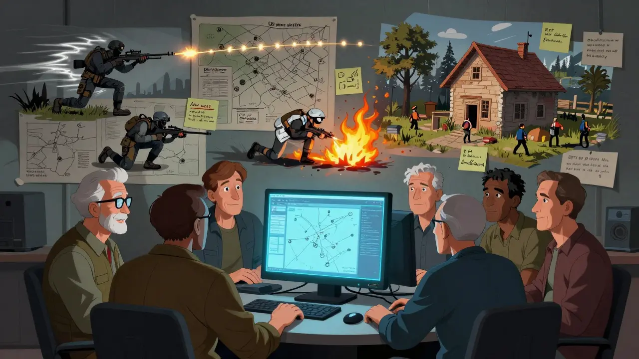 Группа игроков за компьютером, вокруг которых вспыхивают сцены из Arma 3: снайпер, медик и мирный житель в RP-сервере.