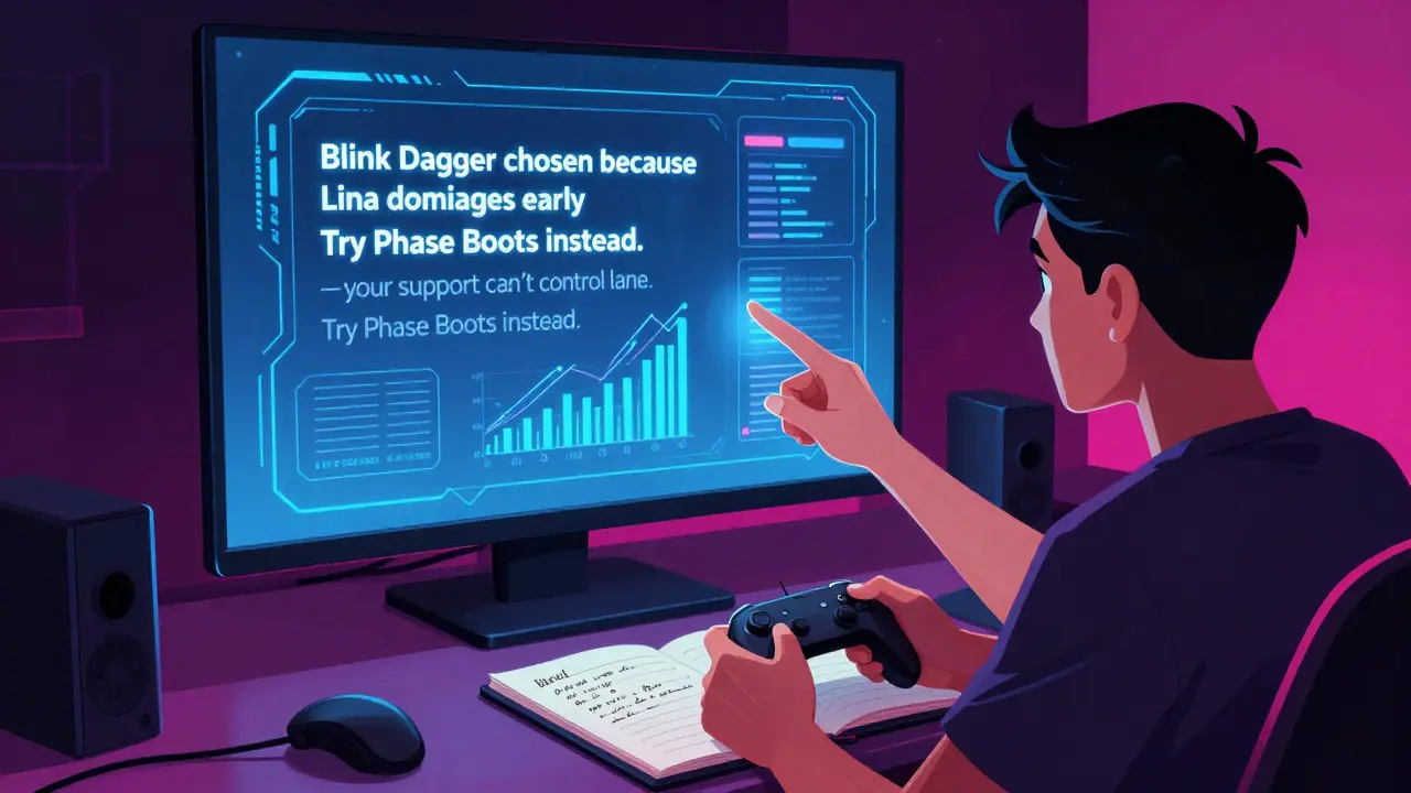 ИИ объясняет выбор предмета, игрок колеблется между автоматическим копированием и собственным анализом.